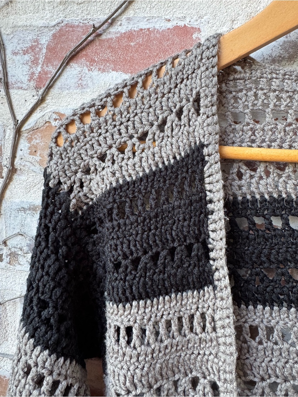 Handmade Crochet Striped Duster Cardigan – Black & Grey Size Small - Picture 4 of 7